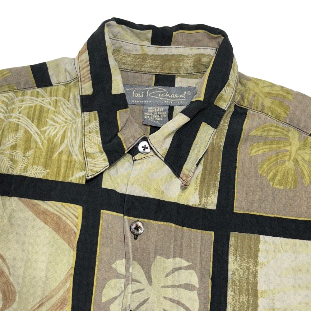 Tori Richard Shirt Mens M Olive Green Silk Tropical Leaf Grid Aloha Camp Shirt